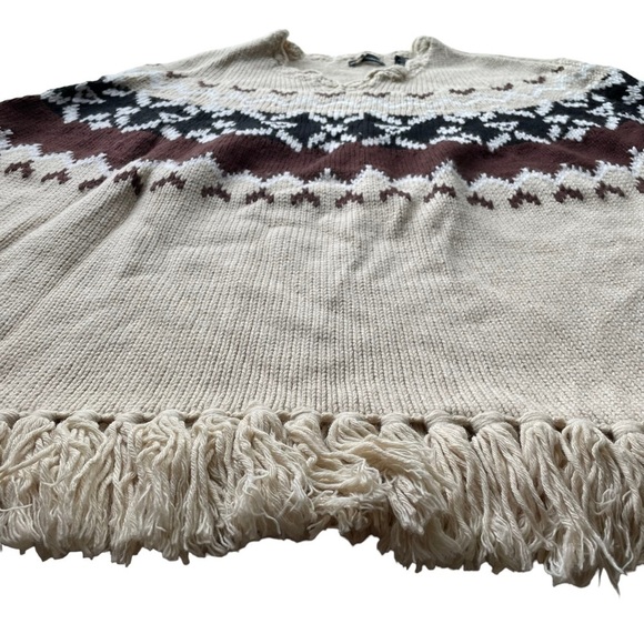 MODA INTERNATIONAL VS Sweater Shawl Brown XS Small Nordic Fair Isle Wool Fringe - Picture 6 of 13